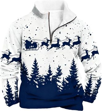 Generic Christmas Jumpers For Men 1/4 Zip Xmas Tree Pullover Sweatshirt Long Sleeve Stand Collar Funny Xmas Jumper Reindeer Snowflakes Printed Plus Size Ugly 