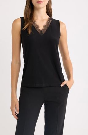 Anne Klein Lace Trim V-Neck Tank in Anne Black at Nordstrom, Size Xx-Small