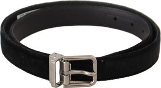 Dolce & Gabbana Black Casual Velvet Silver Metal Logo Buckle Mens Belt