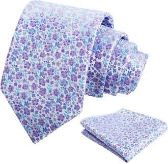 Alizeal Mens Floral Patterned Wedding Party Tie with Pocket Square 8cm Colorful Classic Business Tie Set, Blue+Lavender-A