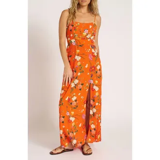 Matty M Floral Print Satin Maxi Dress in Tangerine at Nordstrom, Size X-Large