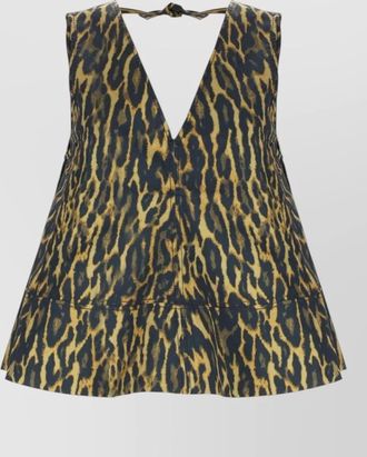 Ganni deep v neck sleeveless animal print top