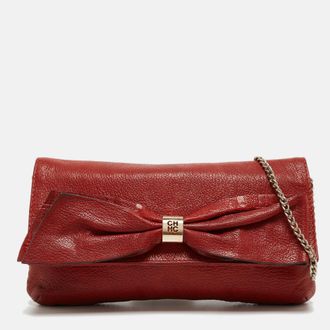 Carolina Herrera Red Monogram Leather Bow Chain Clutch