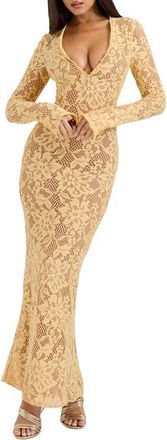 House of CB Indiana Long Sleeve Lace Maxi Dress in Flax at Nordstrom, Size X-Small