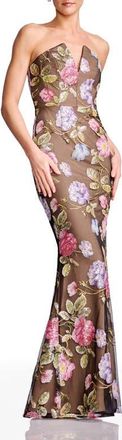 Dress The Population Fernanda Embroidered Floral Strapless Gown in Black Multi at Nordstrom, Size Xx-Small