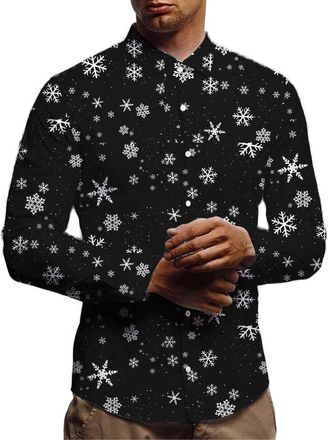 Generic Christmas Shirts for Men UK Funny Christmas Snowflake Print Shirts Xmas Holiday Long Sleeve Vacation Tops Button Down Shirt for Holiday Party Black