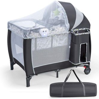 Costway Costway - Lettino Culla da Viaggio per Neonati e Bambini, Box Portatile Pieghevole, con Materassino Ruote e Borsa, Nero