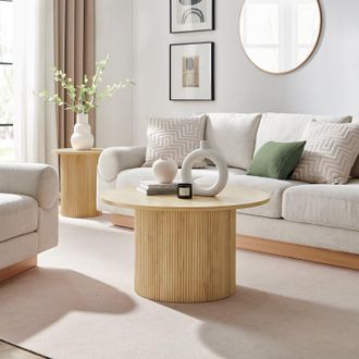 Furniturebox Penrose Round Wooden Pedestal Coffee Table in Light Oak