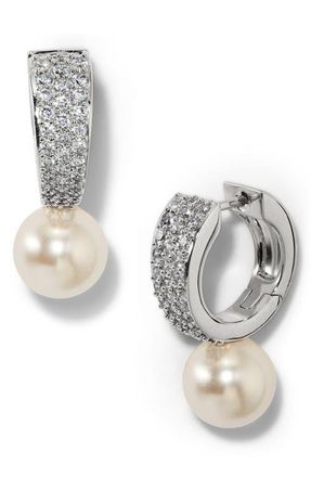 Nadri Under the Sea Cubic Zirconia & Faux Pearl Huggie Hoop Earrings in Rhodium at Nordstrom
