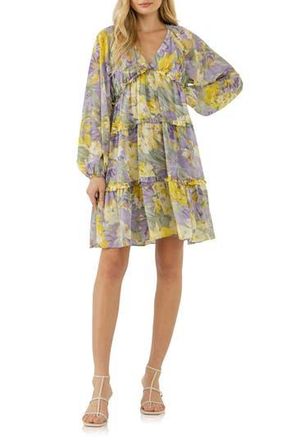 Free the Roses Voluminous Flowy Floral Print Long Sleeve Minidress in Purple Multi at Nordstrom Rack, Size Large