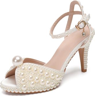 Minitoo Womens Platform Wedding Shoes Slingback High Heel Party Evening Sandals with Decoration LH144 Ivory UK 4