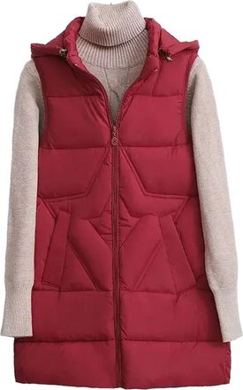Generic Cotton Vest Womens Mid Length Fashionable Casual Comfortable Hooded Loose Warm Down Cotton Jacket, Burgundy, XX-Large