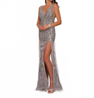 Dave & Johnny Glittered Prom Dress In Silver