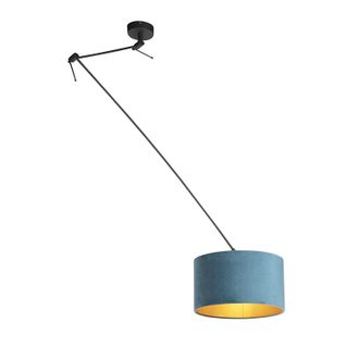 QAZQA Cl&aacute;sico/antiguo L&aacute;mpara Colgante Negra Con Pantalla De Terciopelo Azul Con Dorado 35 Cm - Blitz Textil /acero Cil&iacute;ndra /alargada /redonda Adecuado Par