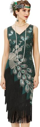 Babeyond 1920s Vintage Peacock Sequined Dress Gatsby Fringed Flapper Dress Roaring 20s Party Dress, Dark Green with Black Fringe, 3X-Large