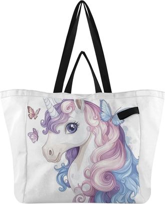 Generic Unicorn Butterfly Purple print Reusable Canvas Tote Bag, Heavy Duty Grocery Shopping Bag with Double Handles Large Capacity Hard Bottom Work Groceries