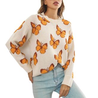 Generic Todays offers Special Deals Prime Deals Winter Sweatshirt Women Womens Autumn Winter Round Neck Butterfly Loose Casual Pullover Sweater Christmas Jump
