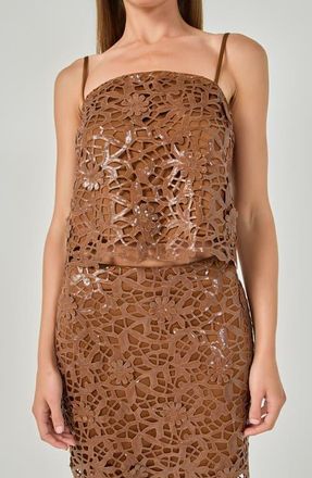 endless rose Sequin Floral Lace Cami Top in Dark Brown at Nordstrom, Size X-Small