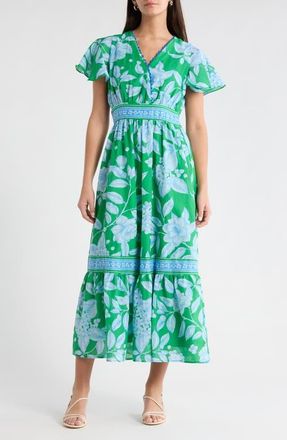 Sugarlips Verben Floral Print Surplice Neck Dress in Kelly-Blues at Nordstrom, Size X-Large