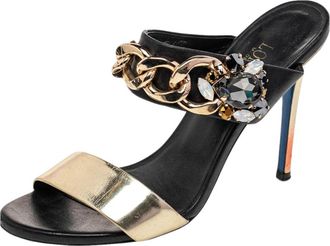 Loriblu Black/gold Leather Embellished Chain Detail Slide Sandals