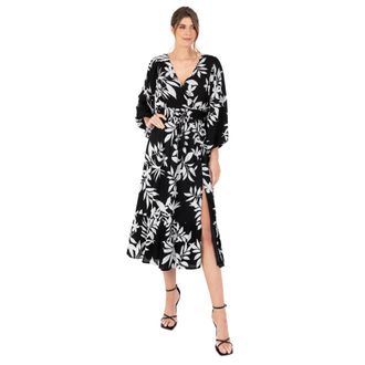 Lovedrobe Womens Midi Dress Ladies V-Neck Long Balloon Sleeve Faux-Wrap Thigh Split Shirred Waist Tassel Belt A-line Smart Casual Monochrome 16