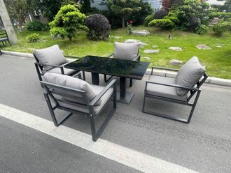 Fimous Aluminum Garden Furniture Dining Set Adjustable Rising Lifting Table & Chairs Patio Outdoor 4 Seat Plus Black Tempered Glass Dark Grey