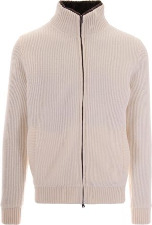 Herno White Full Zip Rib-Knit Wool Sweater