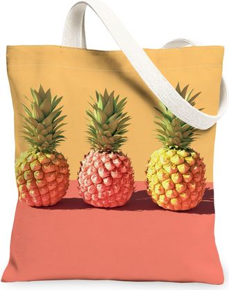 Generic Pineapple Canvas Tote Bags, Tropical Fruit Pattern Reusable Grocery Bags, Summer Retro Lightweight Washable Shoulder Strap, Yellow, 13x15 Inch