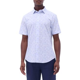 Bugatchi Orson Floral Print Short Sleeve Cotton Seersucker Button-Up Shirt in Sky at Nordstrom Rack, Size Xxx-Large