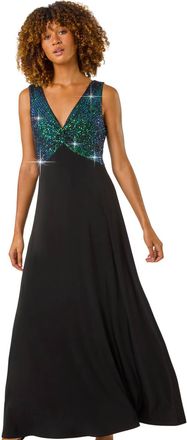 Roman Womens Contrast Sequin Bodice Maxi Dress - Green - Size 10 UK