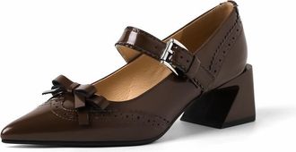 TinaCus Womens Patent Leather Handmade Pointed Toe Baroque Bowtie Chunky Heel Buckle Mary Jane Pumps Shoes, Brown, 5.5 UK