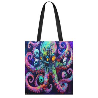 Generic Psychedelic Octopus With Skulls Womens Tote Casual Shopping Bag Lightweight Shoulder Bags Hobos Handbag for Work Travel Daily 35x40cm