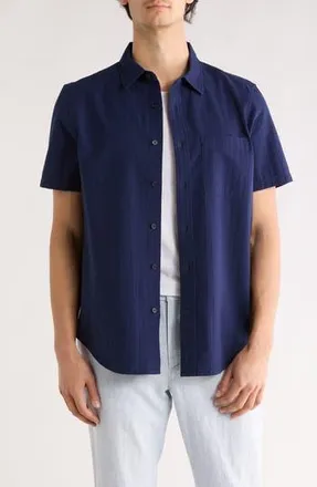 14th & Union Seersucker Short Sleeve Cotton Button-Up Shirt in Navy Still at Nordstrom Rack, Size Xx-Large