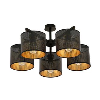 Wonderlamp Plaf&oacute;n de techo moderno con 5 pantallas negras e interior dorado