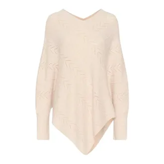 Cream Gebreide Poncho met V-Hals en Patroon - Dames - Truien - Beige - Maat: ONE Size Poliester