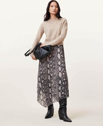 AllSaints Womens Wool/Polyamide Donatella 2-In-1 Snake Print Midi Dress, Size: XS