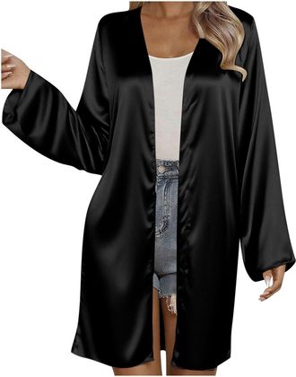 Generic Silk Cardigans for Womens Longline Satin Blouse for Women Loose Tops Casual Baggy Long Sleeve Top Loose Elegant Ladies Tshirts Fashion Silk Shirts Cas