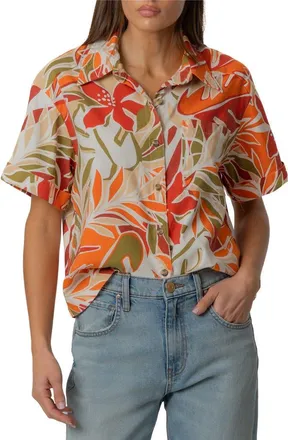 Kut from the Kloth Aida Stretch Cotton Blend Short Sleeve Button-Up Top in Red/orange at Nordstrom, Size X-Large