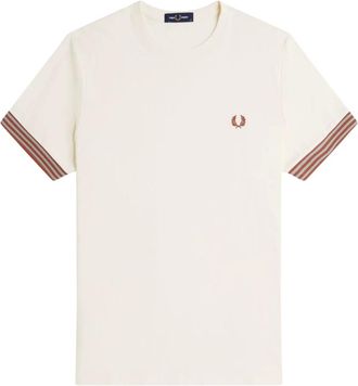 Fred Perry T-Shirts, male, Beige, Size: L Striped Cuffs Cotton T-shirt