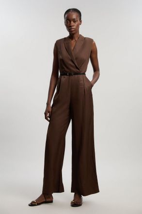 Karen Millen Womens Premium Viscose Linen Tailored Belted Wide Leg Jumpsuit - Chocolate - Size 14 UK