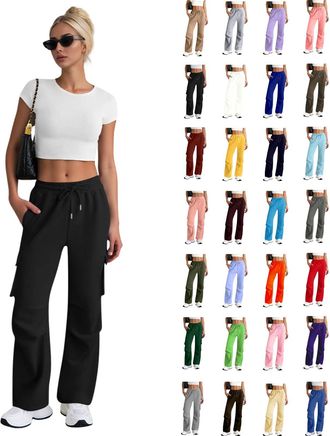 Generic Joggers for Women UK Wide Leg Cargo Sweatpants with Pockets Tracksuit Bottoms Elasticated Waist Ladies Jogging Bottoms Fleece Lined Sweatpants Casual 