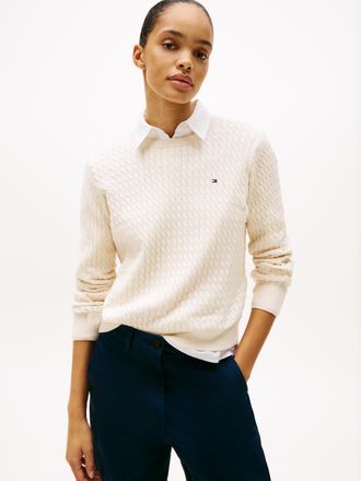 Tommy Hilfiger Rundhalspullover TOMMY HILFIGER CO CABLE C-NK LS SWEATER, Damen, Gr. L (42/44), weiss (ivory petal), Strick, Obermaterial: 100% Baumwolle, meliert, re