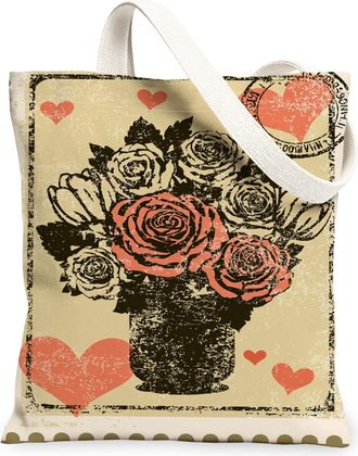 Generic Vintage Floral Canvas Tote Bags, Rustic Flower Print Reusable Grocery Bags, Lightweight Washable Shoulder Strap Canvas for, Beige, 13x15 Inch