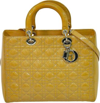 Dior Vintage Lady Dior Bag Cannage Quilt Patent Beige Patent_Leather Handbag (Pre-Owned)