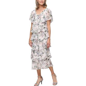 S.L. Fashions Tiered Floral Shimmer Midi Dress in Taupe Multi at Nordstrom, Size 16P