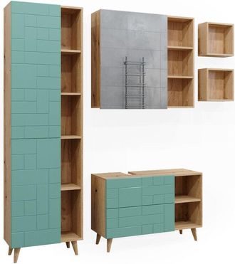 Vicco Conjunto de muebles de baño Rudi, Verde menta, 5 partes, con armario alto, Vicco