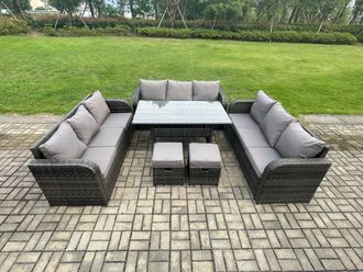 Fimous Rattan Garden Furniture Set with Oblong Rectangular Dining Table 2 Small Footstools 11 Seater Outdoor Lounge Sofa Set Dark Grey Mixed