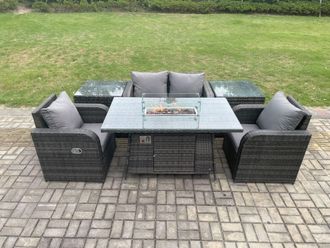 Fimous Rattan Outdoor Garden Furniture Set Gas Fire Pit Dining Table with 2 Side Tables Chair Loveseat Sofa in Dark Grey