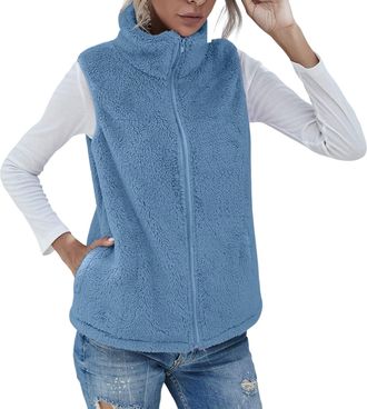Generic Teddy Fleece Gilet for Women Oversize Cozy Gilets Stand Collar Sleeveless Full Zip Waistcoat with Pockets Fleece Vest Fluffy Jackets Body Warmers Ther