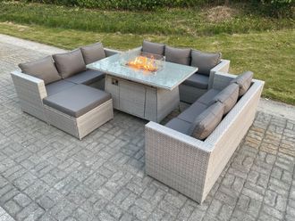 Fimous Light Grey U Shape Lounge Sofa Dining Set With Gas Fire Pit Rattan Garden Furniture Set Heater Burner